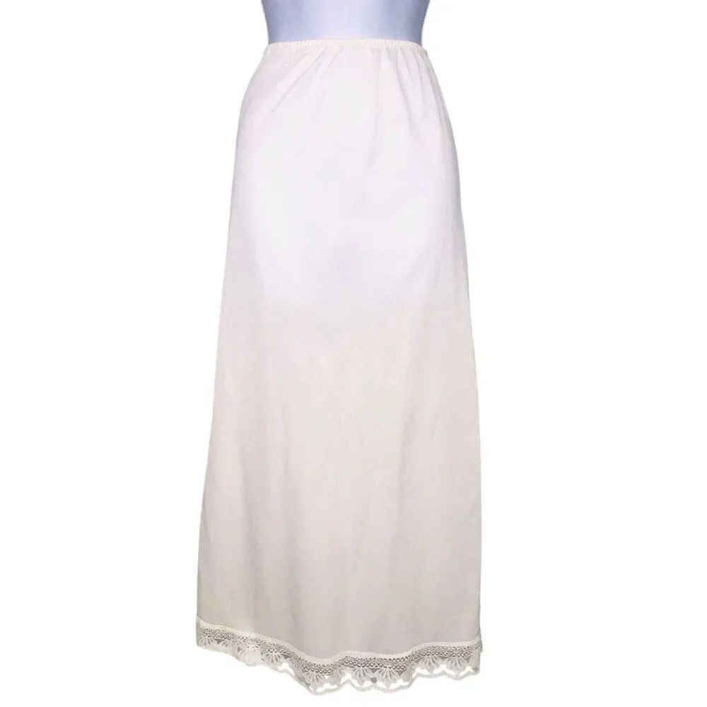 Vintage 70s Womens M Maxi Half Slip Ivory Long Zipper Slit Lace Elastic Nylon